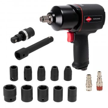 Pneumatinis smūginis raktas 1/2" + smūginiai antgaliai (10 vnt.) - mechaniko rinkinys