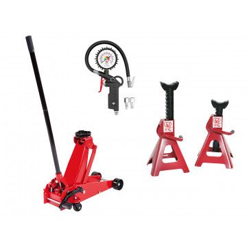 Trolley Jack 3 ton 500 mm dish height + Jack stand JJ 6 ton 2 pieces 400-630 mm + Tyre inflator with plugin nipples 12 bar