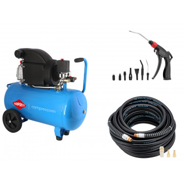 Kompresorius HL 275-50 8 bar 2 AG/1.5 kW 157 l/min 50 l + Oro žarna 20 bar 15 m 1/4" 14 x 8 mm + Pūtimo pistoletas su 7 antgaliais